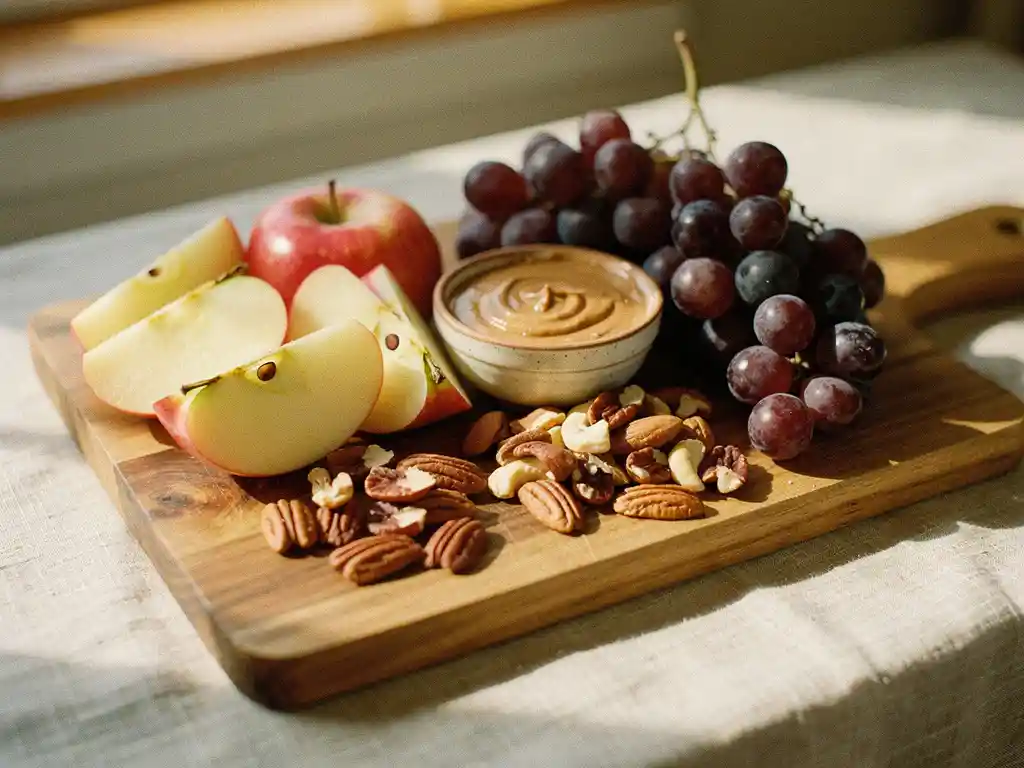 Houten snijplank met verse appelschijfjes, amandelboter, gemengde noten en donkere druiven in warm natuurlijk daglicht.