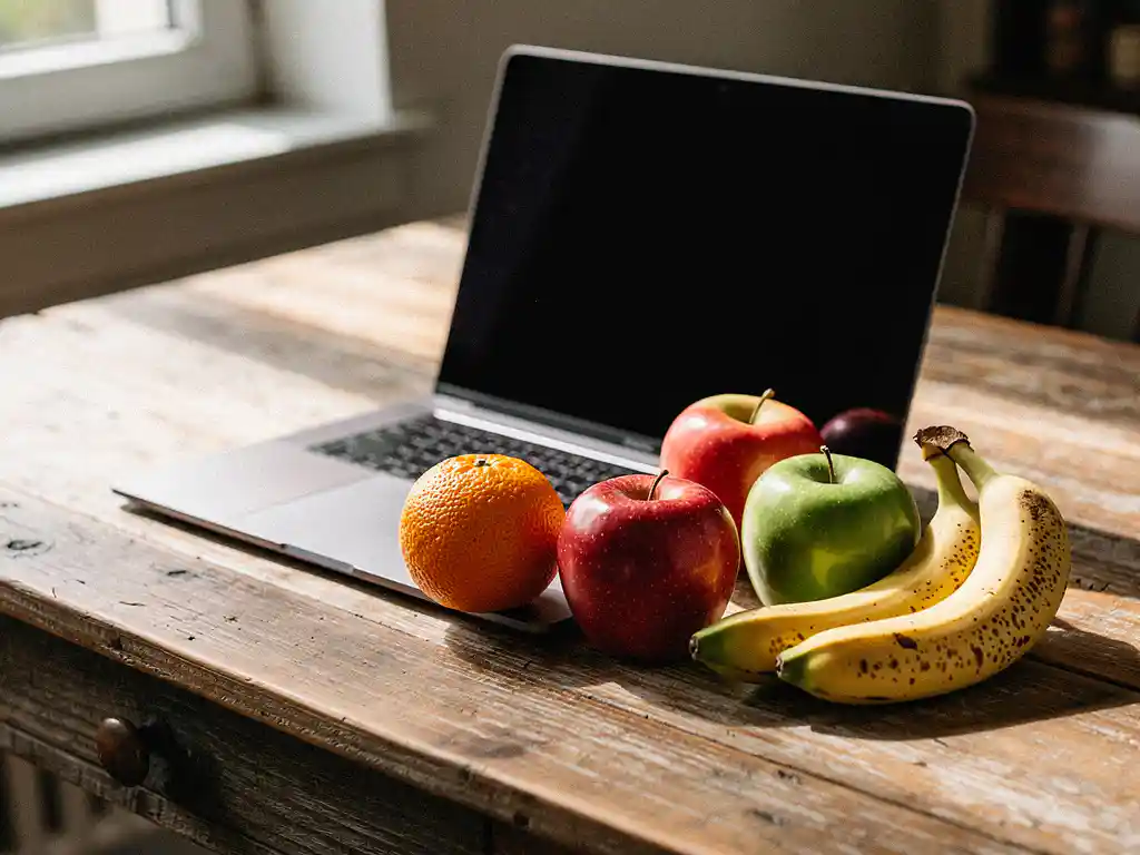 Rustiek houten bureau met sinaasappels, appels en bananen naast een laptop in warm natuurlijk daglicht.