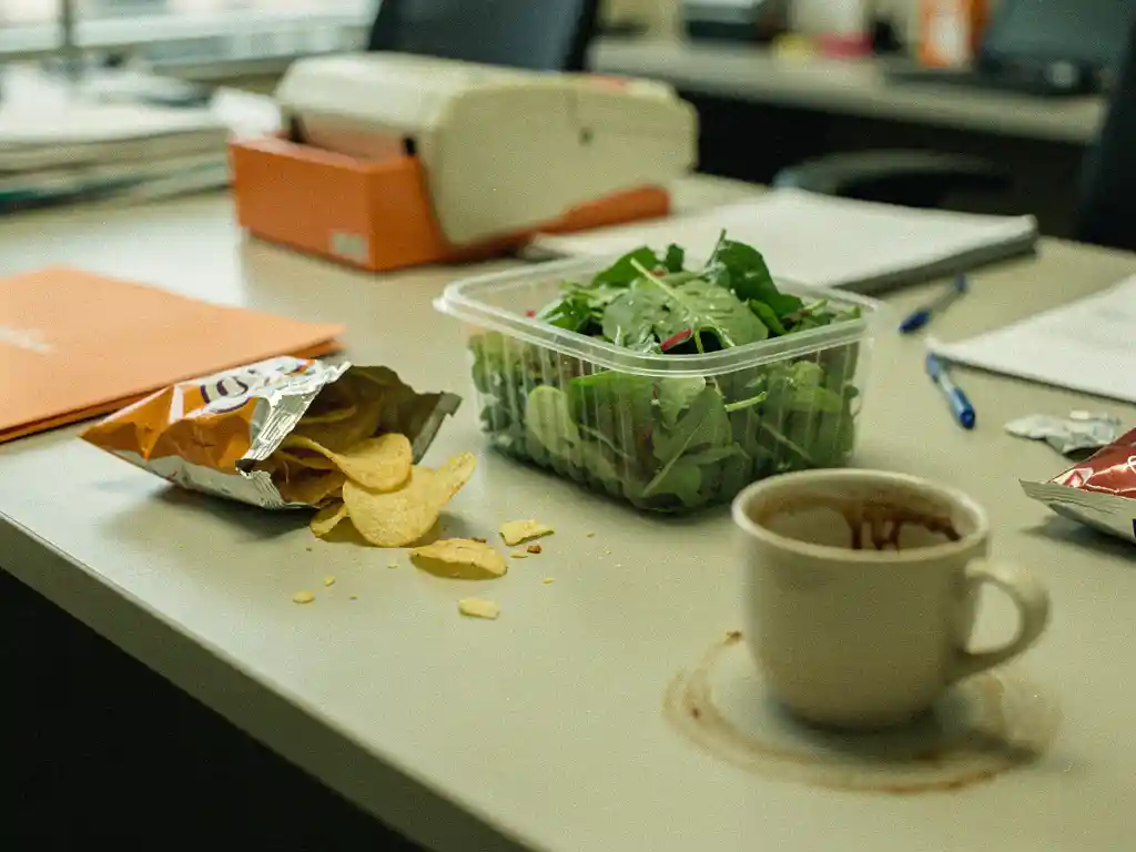Rommelig kantoorbureau met halfgegeten chips, vettig fastfoodwikkel en onaangeroerde salade naast een koffiekop met kringvlek.