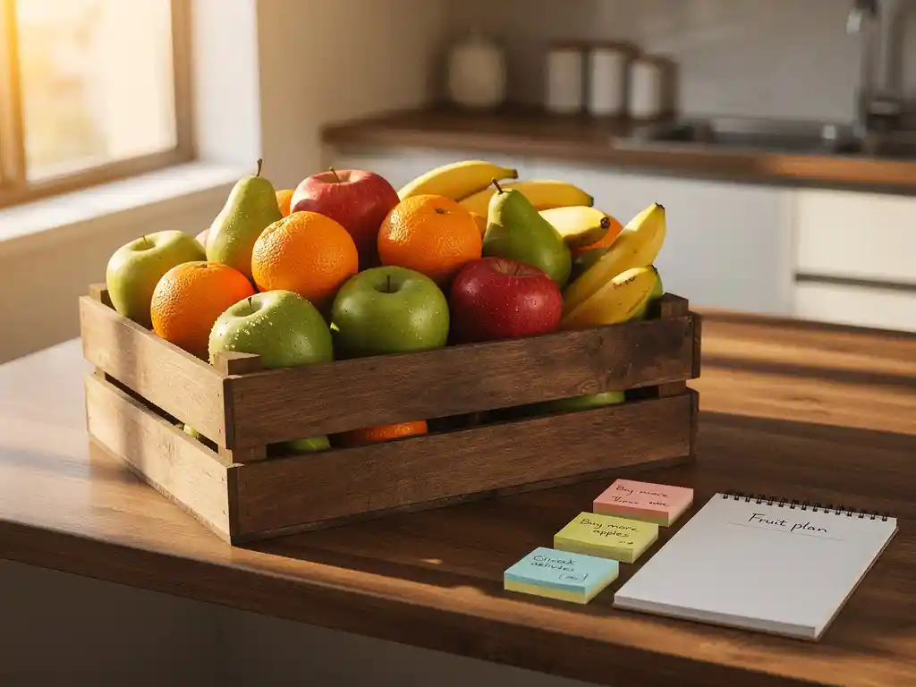 Houten krat vol kleurrijke vruchten zoals appels, sinaasappels en bananen op een zonnig kantoorkeukenaanrecht met notitieblok.