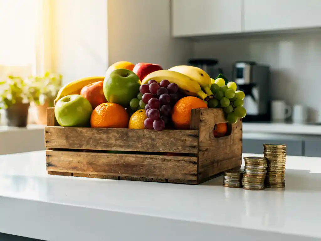 Houten krat vol verse appels, bananen, sinaasappels en druiven op een kantoorkeuken aanrecht, met een stapeltje euromunten ernaast.