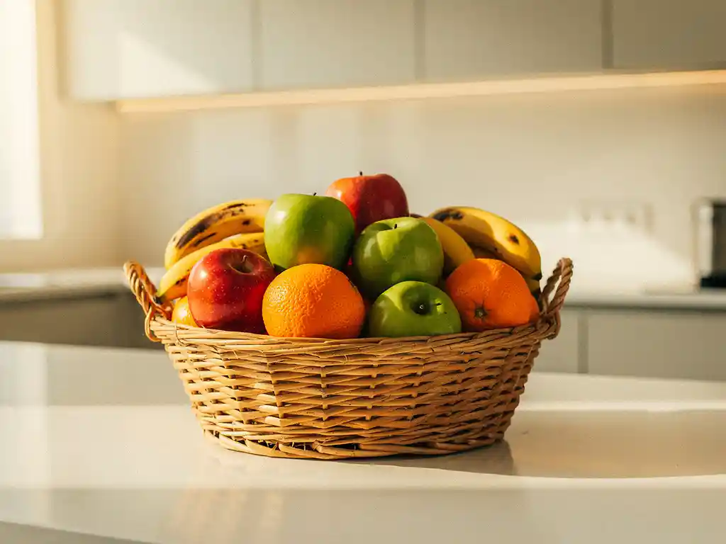 Rieten fruitschaal gevuld met appels, sinaasappels en bananen op een modern keukenblad in een kantoor.