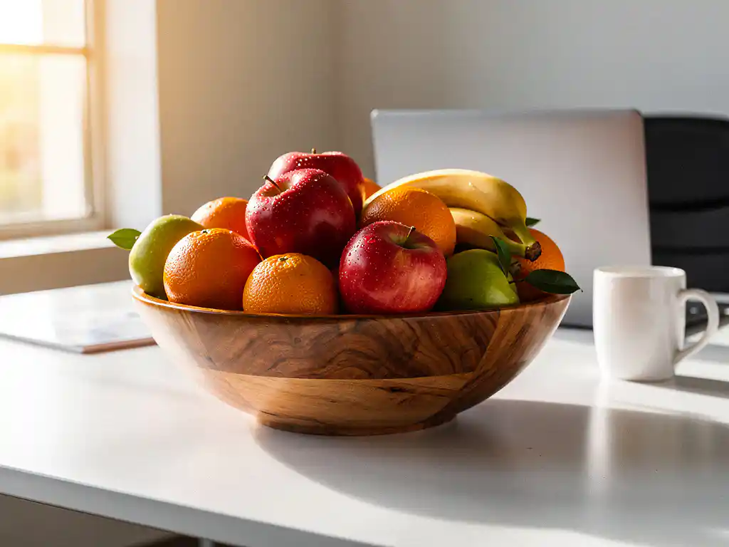 Houten fruitschaal met appels, bananen en sinaasappels op een modern kantoorbureau, met laptop en koffiemok op de achtergrond.