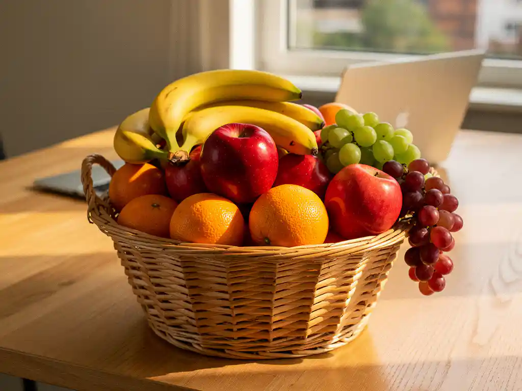 Rieten mand vol vers fruit zoals bananen, appels, sinaasappels en druiven op een modern kantoorbureau met laptop op de achtergrond.