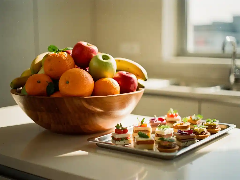 Houten fruitschaal met appels, sinaasappels en bananen naast een cateringschaal met fingerfood op een modern keukenblad.