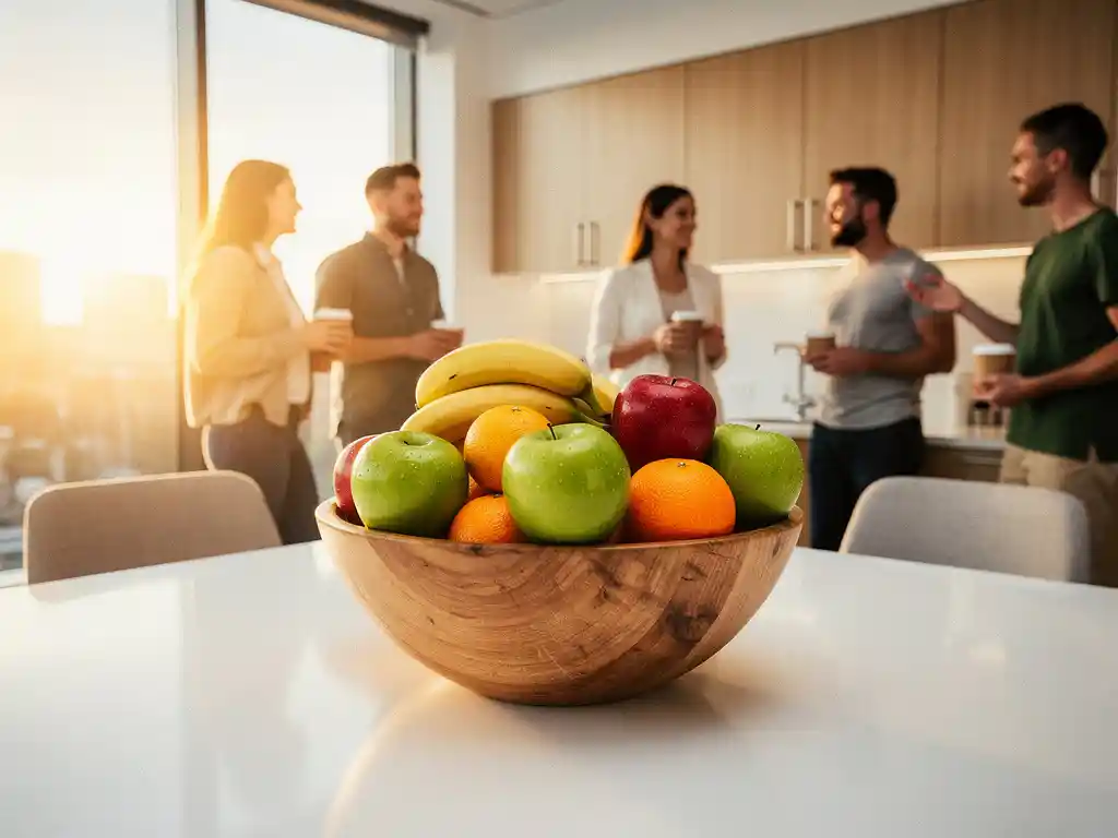 Houten fruitschaal vol appels, bananen en sinaasappels in een moderne kantinekeuken waar collega's samenkomen met koffie.