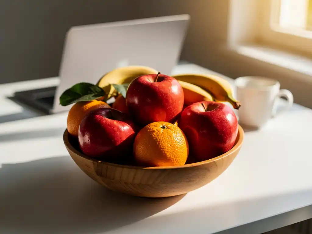 Houten fruitschaal vol appels, sinaasappels en bananen op een modern bureau met laptop en koffiemok op de achtergrond.