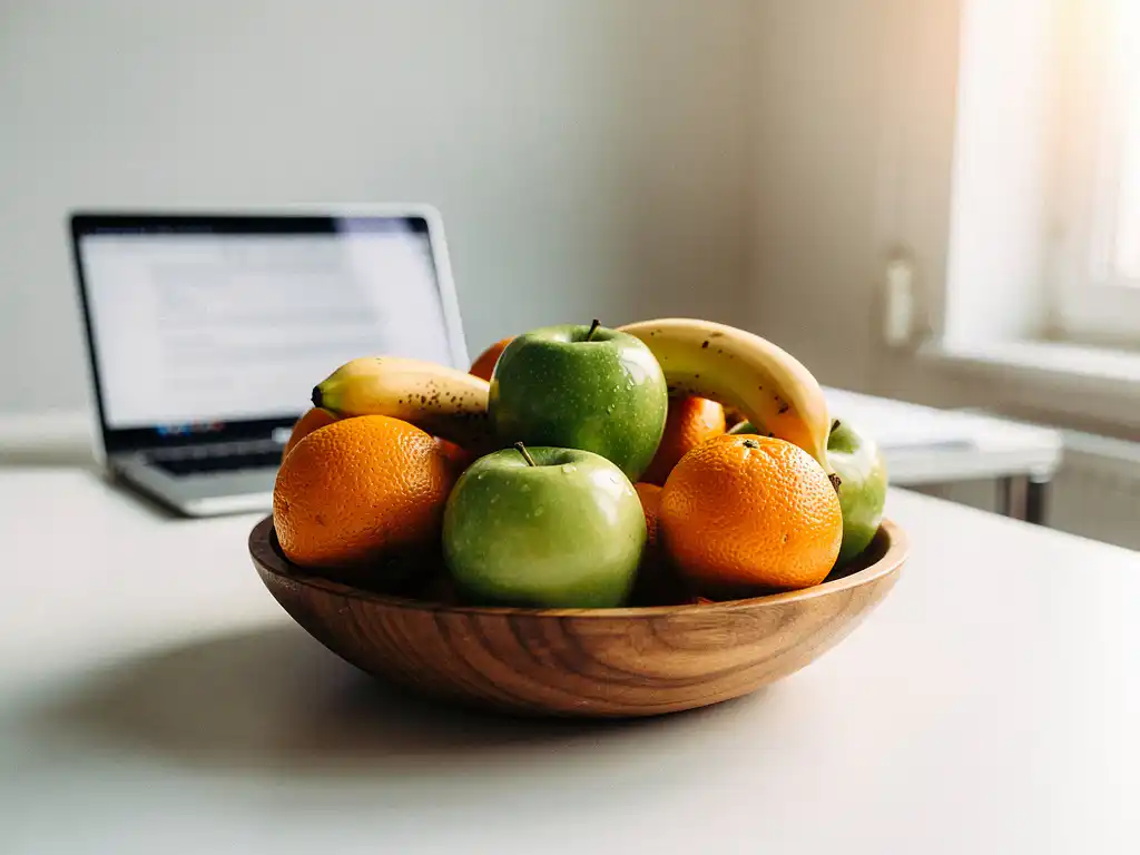Houten fruitschaal vol verse appels, bananen en sinaasappels op een modern kantoorbureau, met laptop op de achtergrond in warm natuurlijk licht.