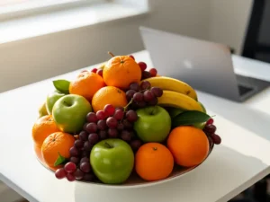 Overvolle fruitschaal met sinaasappels, groene appels, bananen en rode druiven op een modern bureau, laptop op de achtergrond.