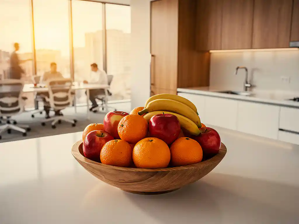 Houten fruitschaal met sinaasappels, bananen en rode appels op een aanrecht in een moderne, lichte kantoorkeuken.