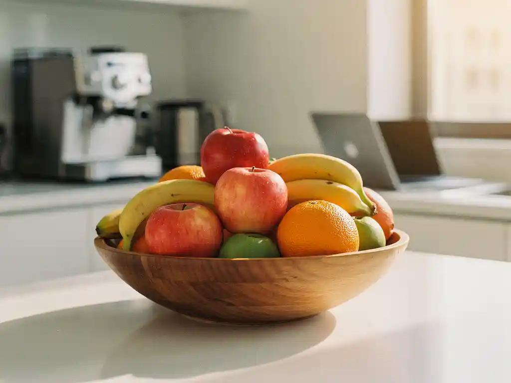 Houten fruitschaal met verse appels, bananen en sinaasappels op een moderne kantoorkeuken, met zachte achtergrondvervaging en warm natuurlijk licht.