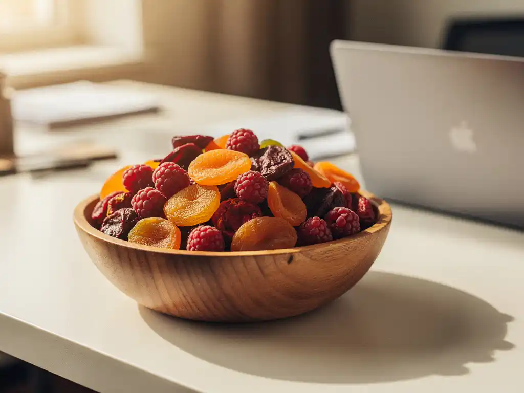 Houten schaal gevuld met gedroogd fruit, bessen en fruitsnacks op een bureaubureau, met laptop op de achtergrond.