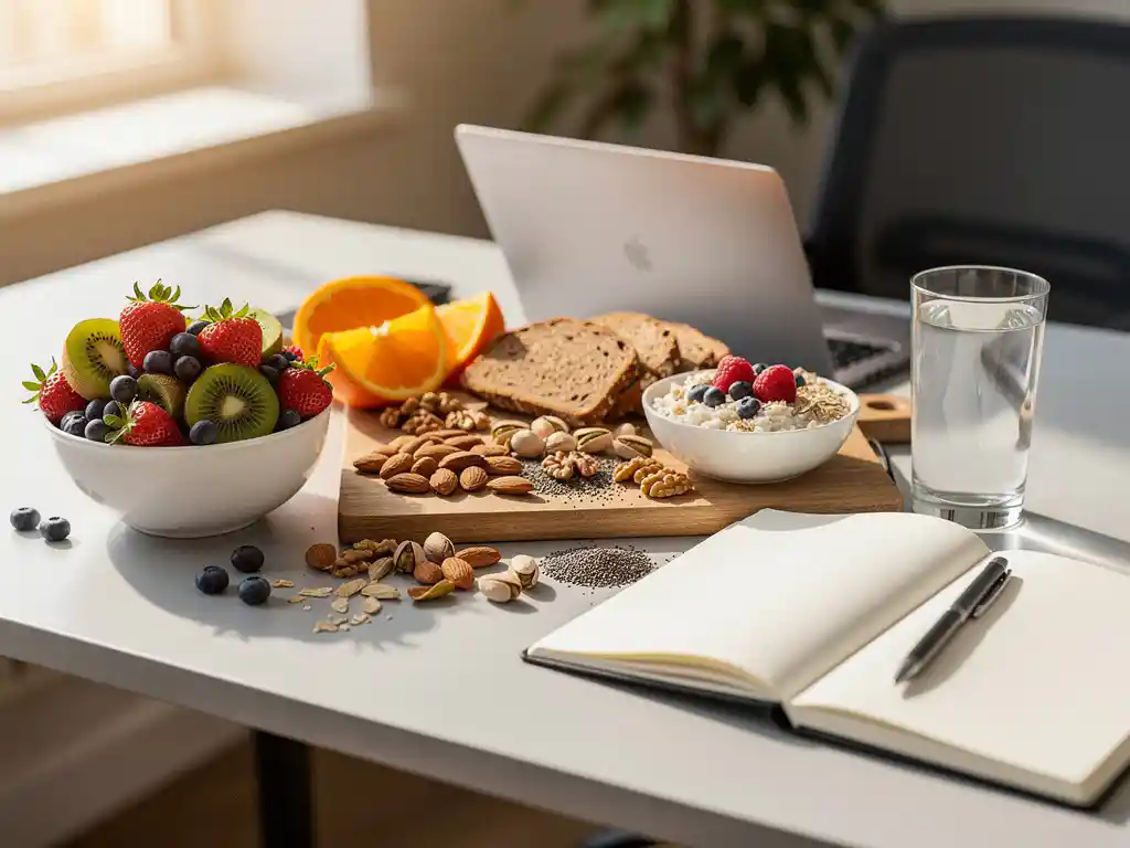 Kleurrijke spread van vers fruit, noten en volkoren voeding op een modern bureau met notitieboek en glas water in warm natuurlijk licht.