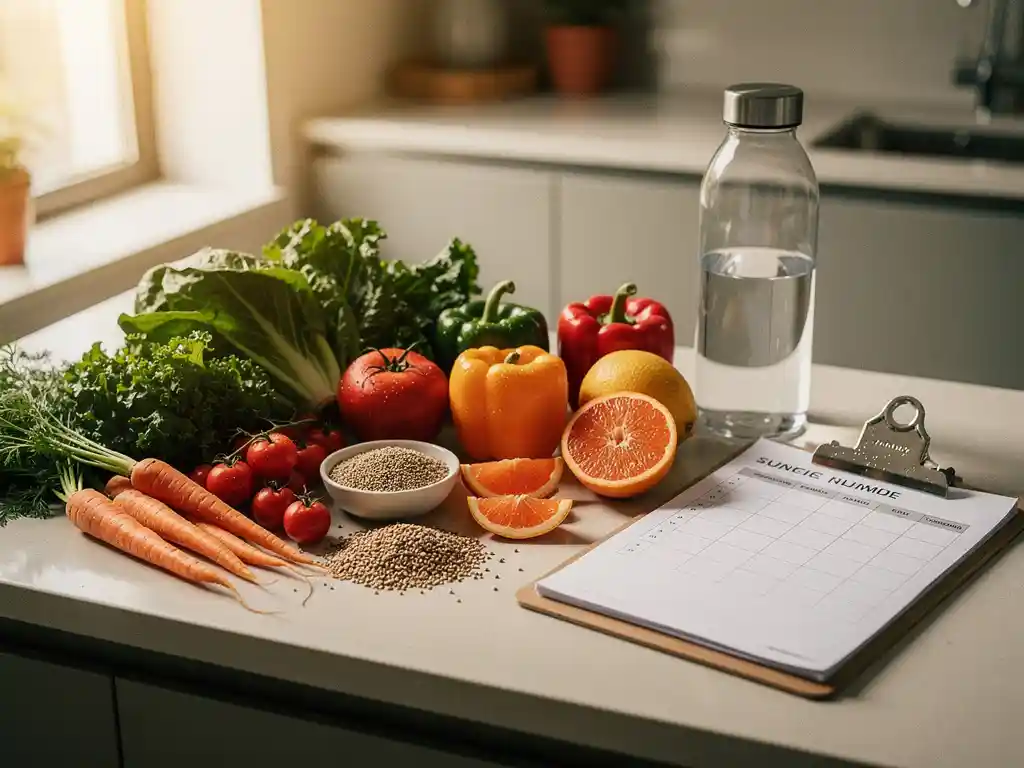 Kleurrijke groenten, volkoren granen en fruit op een modern keukenblad met een maaltijdplanner en glazen waterfles in warm natuurlijk licht.