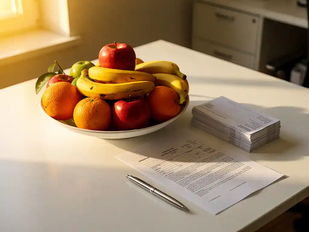 Fruitschaal met appels, sinaasappels en bananen op een modern bureau naast een belastingdocument en pen, warm natuurlijk licht.