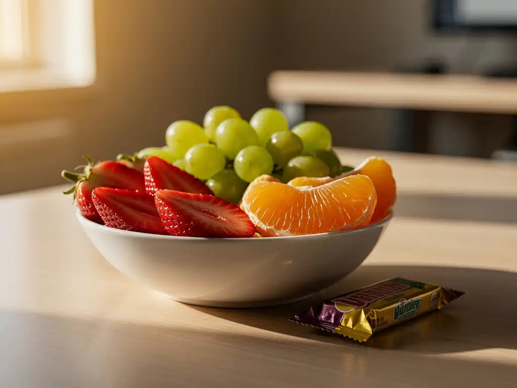 Kleurrijke fruitschaal met aardbeien, groene druiven en sinaasappelpartjes naast een candybar op een kantoorbureau in ochtendlicht.