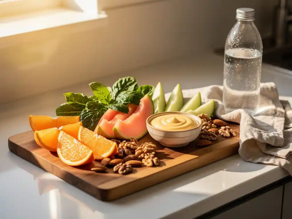 Houten snijplank met vers gesneden fruit, noten en yoghurtdip op een modern kantoorkeukenblad in warm natuurlijk licht.