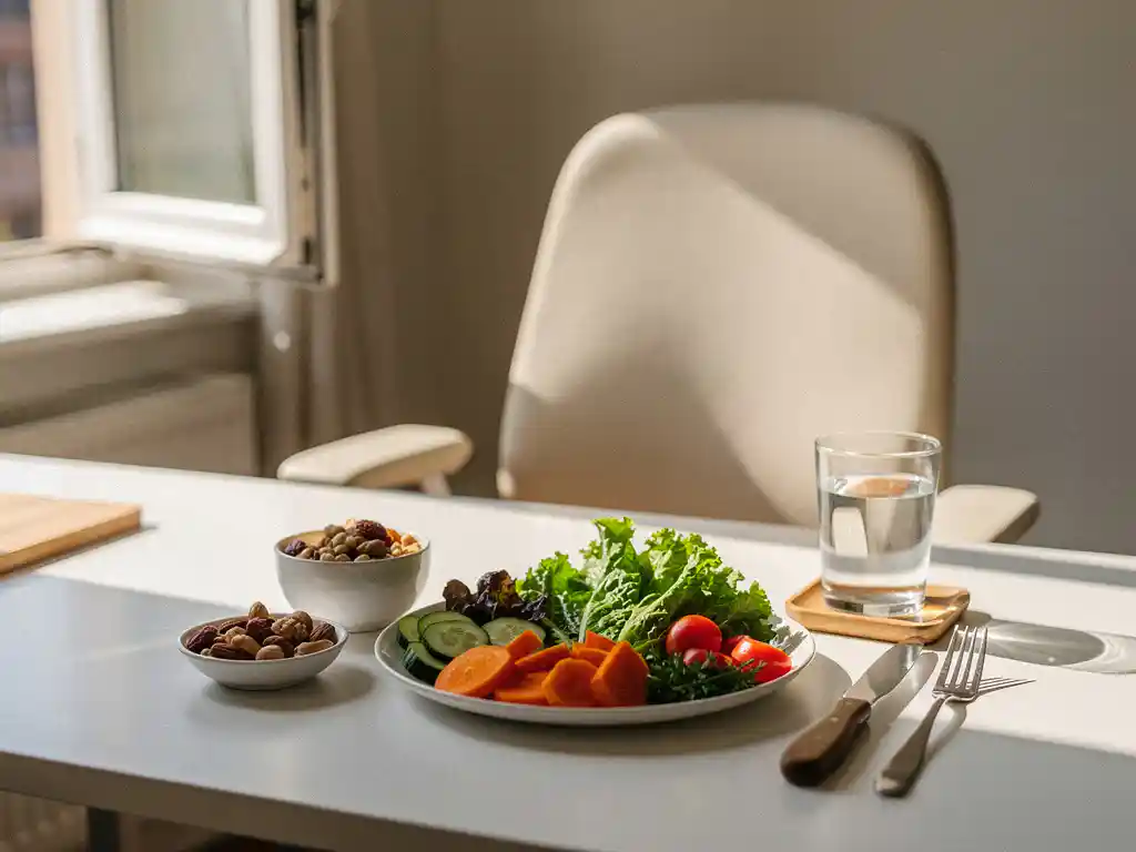 Gezonde kantoorlunch met verse groenten, noten en water op wit bureau, verlicht door warm middaglicht vanuit open raam.