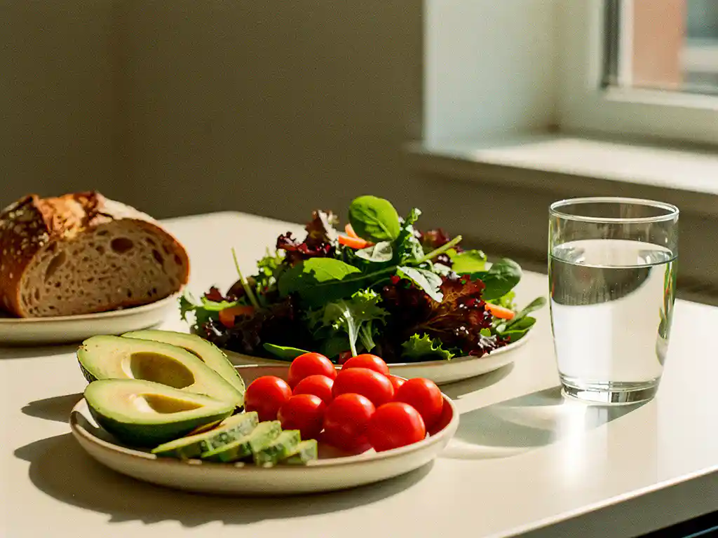Gezonde lunchspread met avocado, cherrytomaatjes, bladgroenten en volkorenbrood op een kantoorbureau in warm natuurlijk licht.