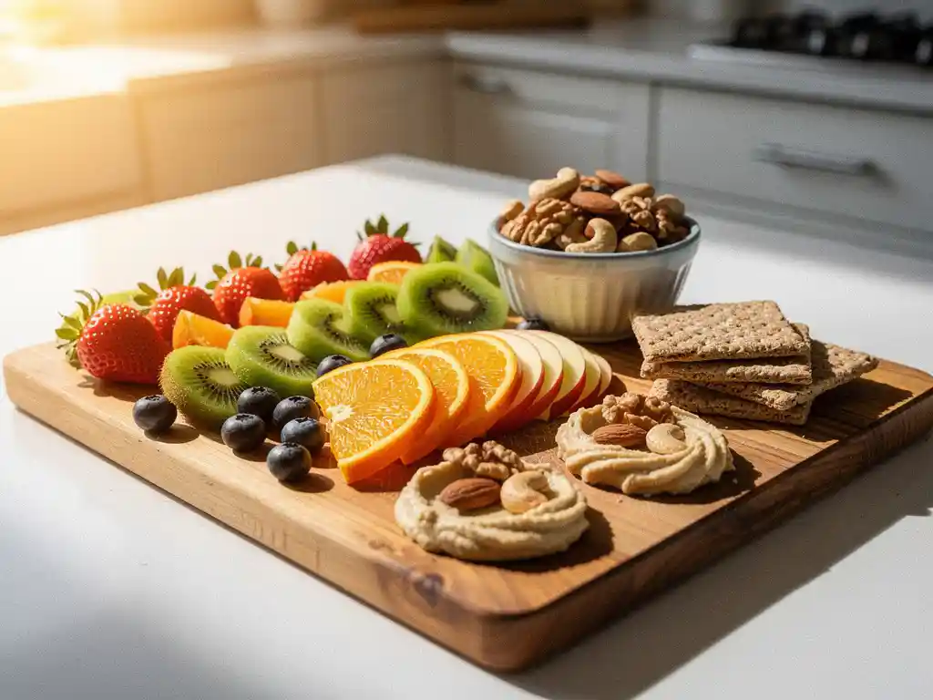 Houten snijplank met kleurrijke fruitschijfjes, gemengde noten en volkoren crackers met hummus in warm daglicht.