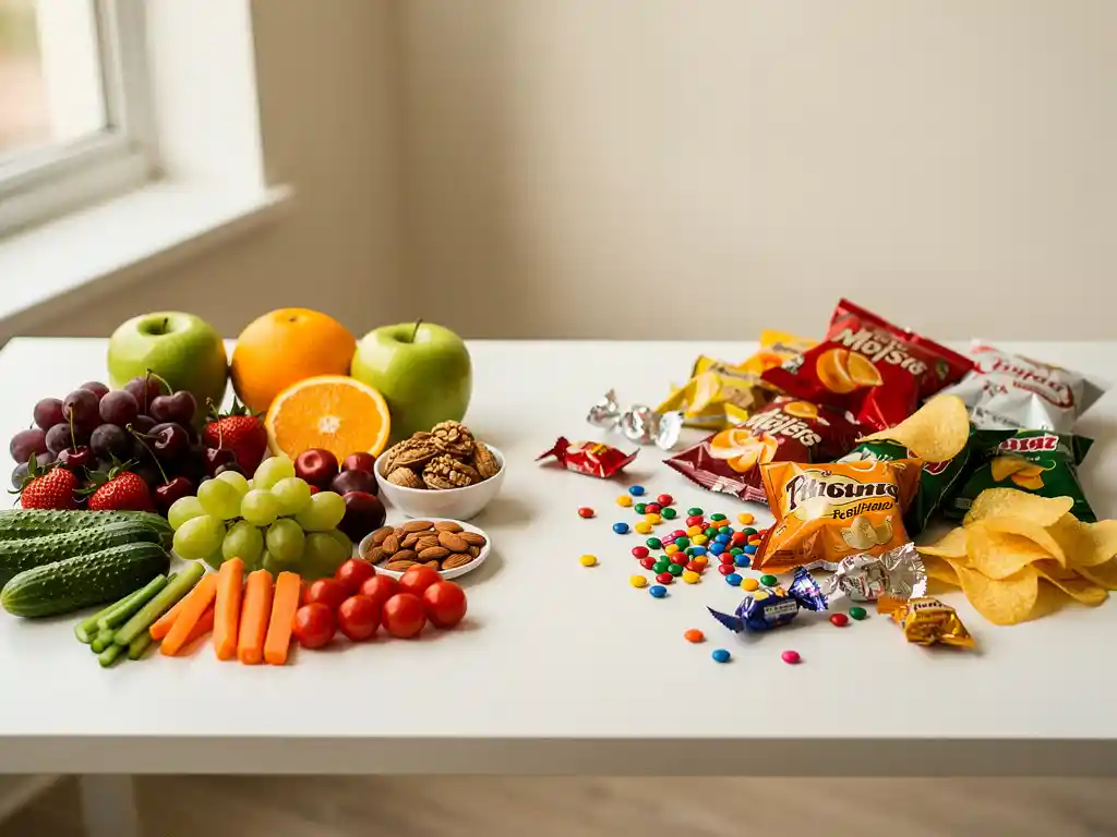 Gezond kantoorsnackbord met vers fruit, noten en groenten naast chips en snoepwikkels op een wit bureau in natuurlijk daglicht.