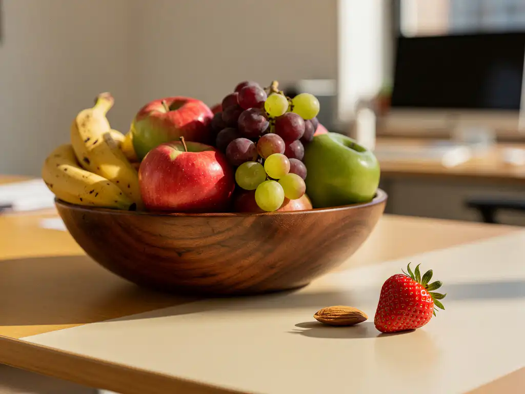 Houten fruitschaal met appels, druiven en bananen op een modern bureau, met een amandel en aardbei ernaast in zacht natuurlijk licht.