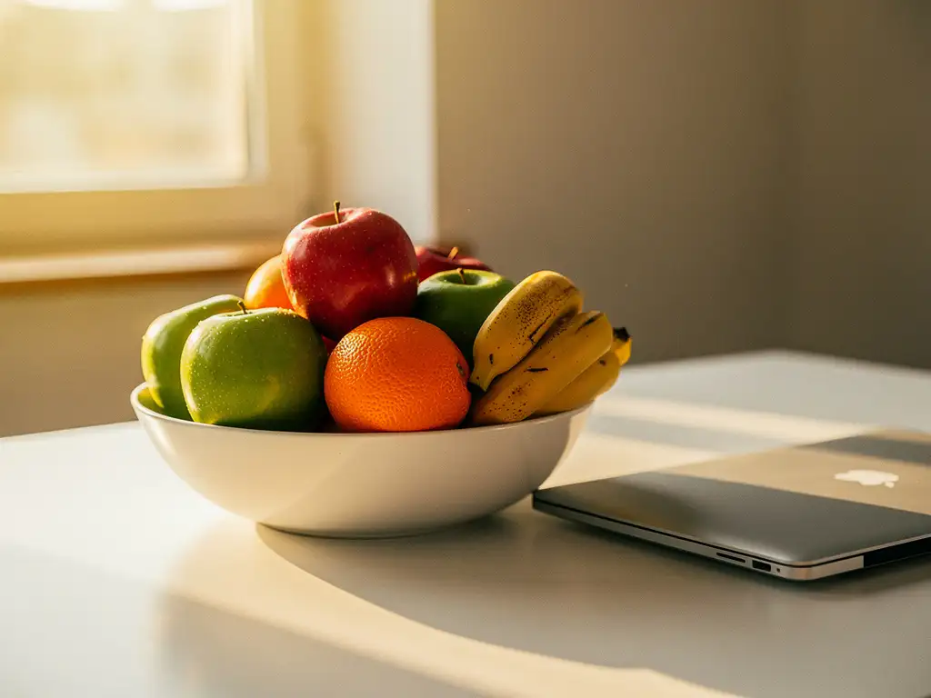 Kleurrijke fruitschaal met appels, sinaasappels en bananen op een modern bureau naast een laptop in warm ochtendlicht.