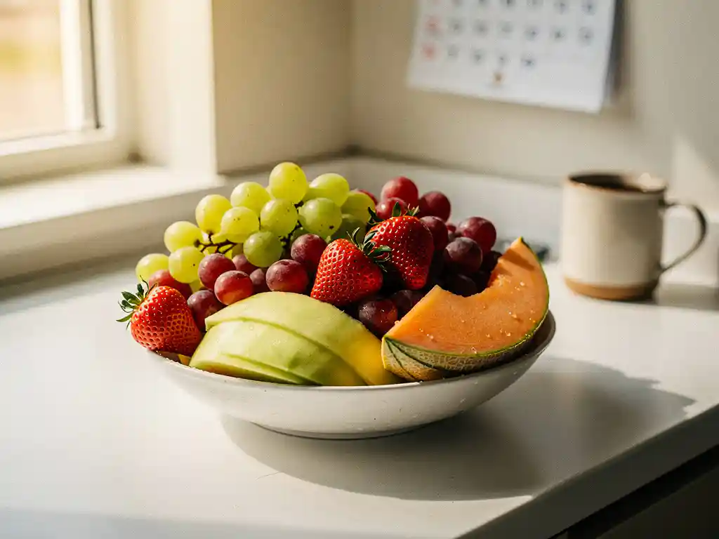 Kleurrijke fruitschaal met aardbeien, druiven en meloen op een kantinebalie, met zachte natuurlijke belichting op de achtergrond.
