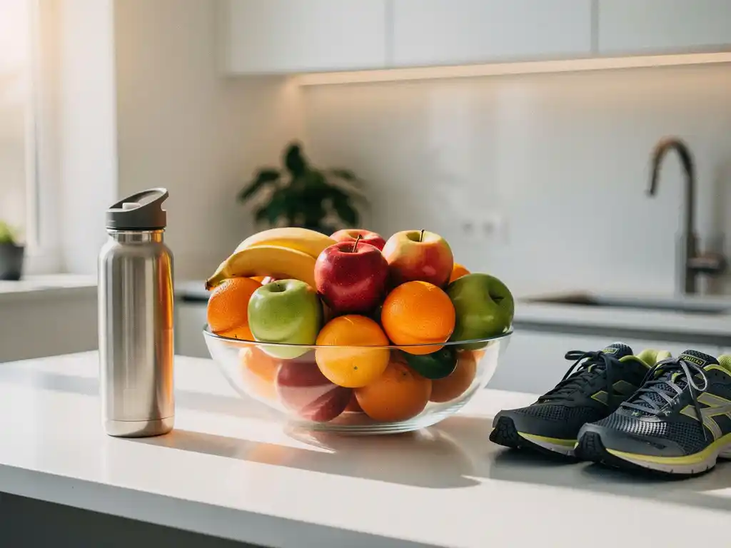 Fruitschaal vol appels, sinaasappels en bananen op een moderne kantinebalie, met herbruikbare waterfles en hardloopschoenen ernaast.