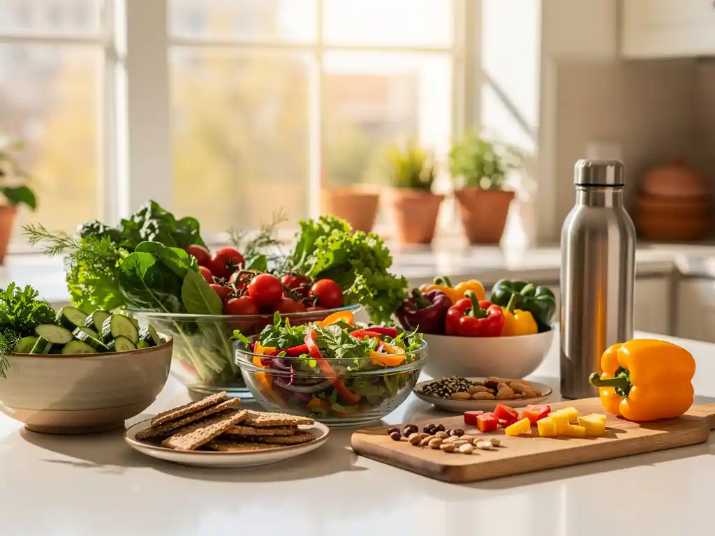 Kleurrijke saladeschalen, verse groenten en volkoren snacks op een modern keukenblad op kantoor, met een houten snijplank en waterfl es in warm natuurlijk licht.