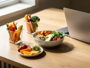 Gezonde lunchspread met groentebowl, vers fruit en groenten op een houten bureau naast een laptop in warm natuurlijk licht.