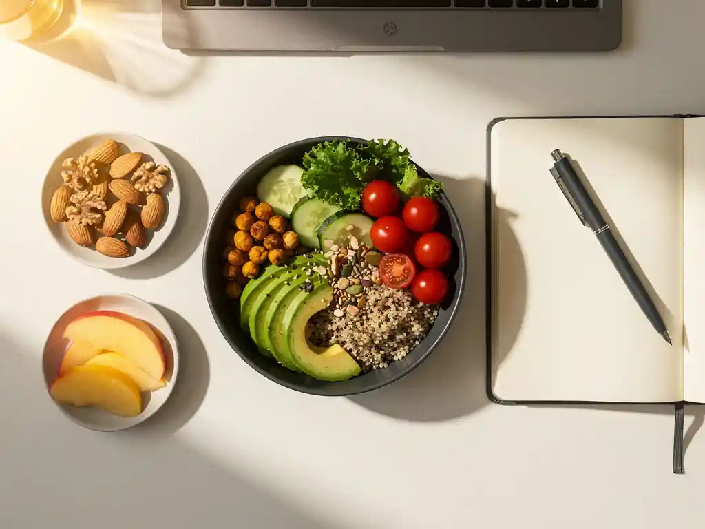 Bovenaanzicht van gezonde lunchspread met groenten, noten en volkoren granen naast een notitieboek op een bureau.
