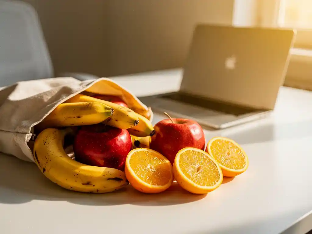 Verse bananen, sinaasappelschijfjes en rode appels uit een lunchtas op een bureau, met een laptop op de achtergrond.