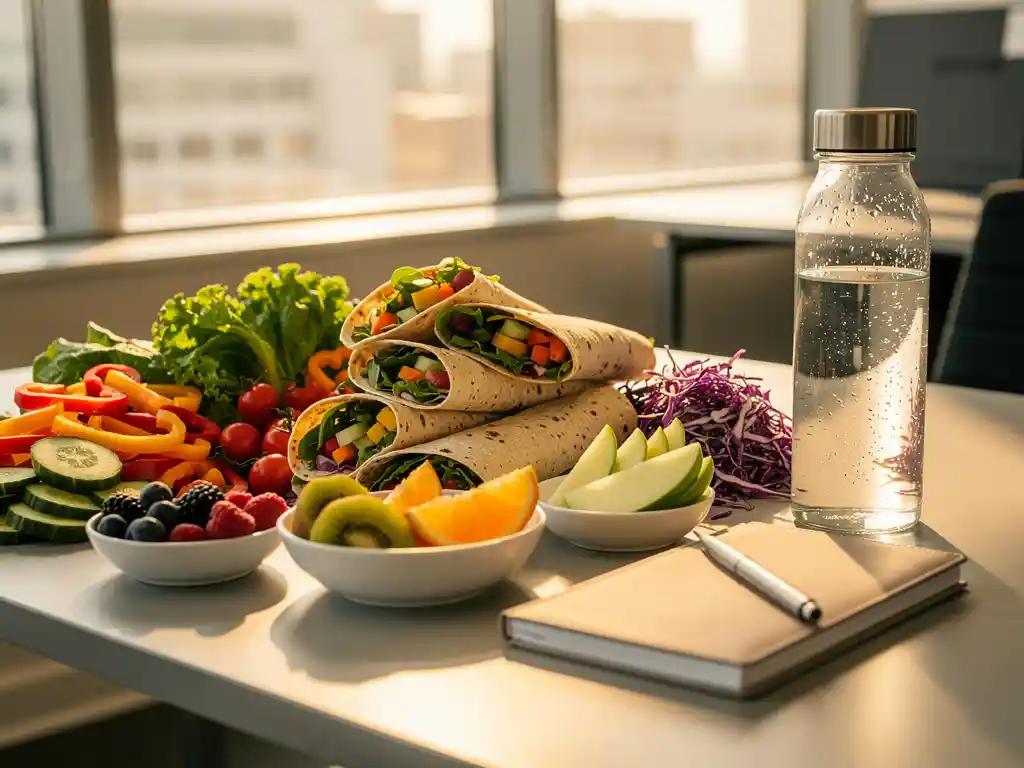 Kleurrijke lunch met verse groenten, volkoren wraps en fruit op een modern kantoor, met glazen waterfles en notitieboek in warm natuurlijk licht.