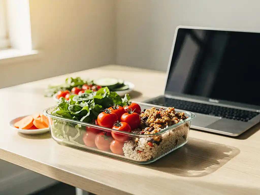 Glazen meal-prep container met bladgroenten, cherrytomaatjes en granen op een houten bureau naast een laptop.