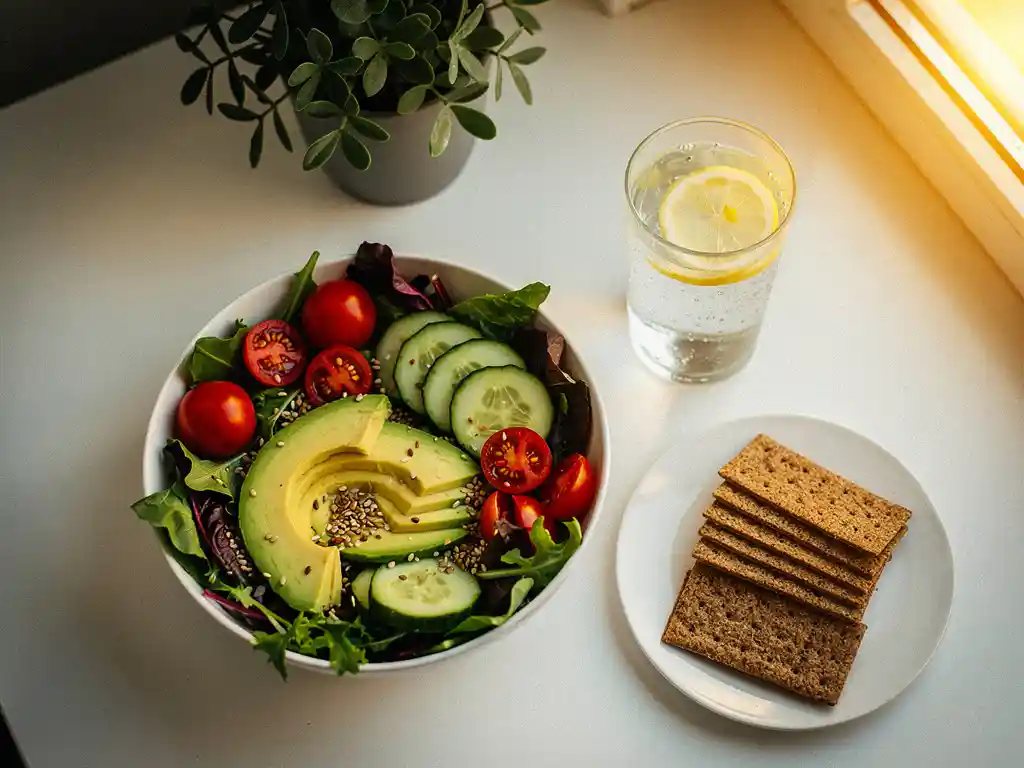 Kleurrijke gezonde lunch op kantoorbureau met salade, cherrytomaatjes, avocado, volkoren crackers en citroenwater.