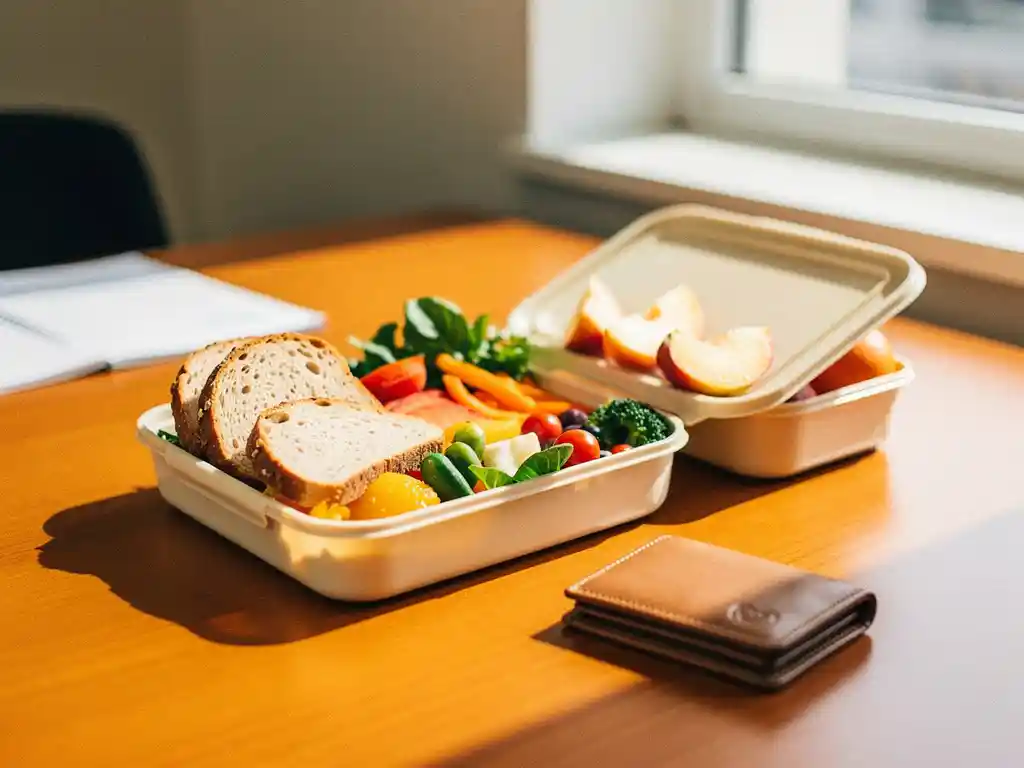 Zelfgemaakte lunch met groenten, volkorenbrood en fruit in een meal prep bakje op een bureautafel, portemonnee ernaast.