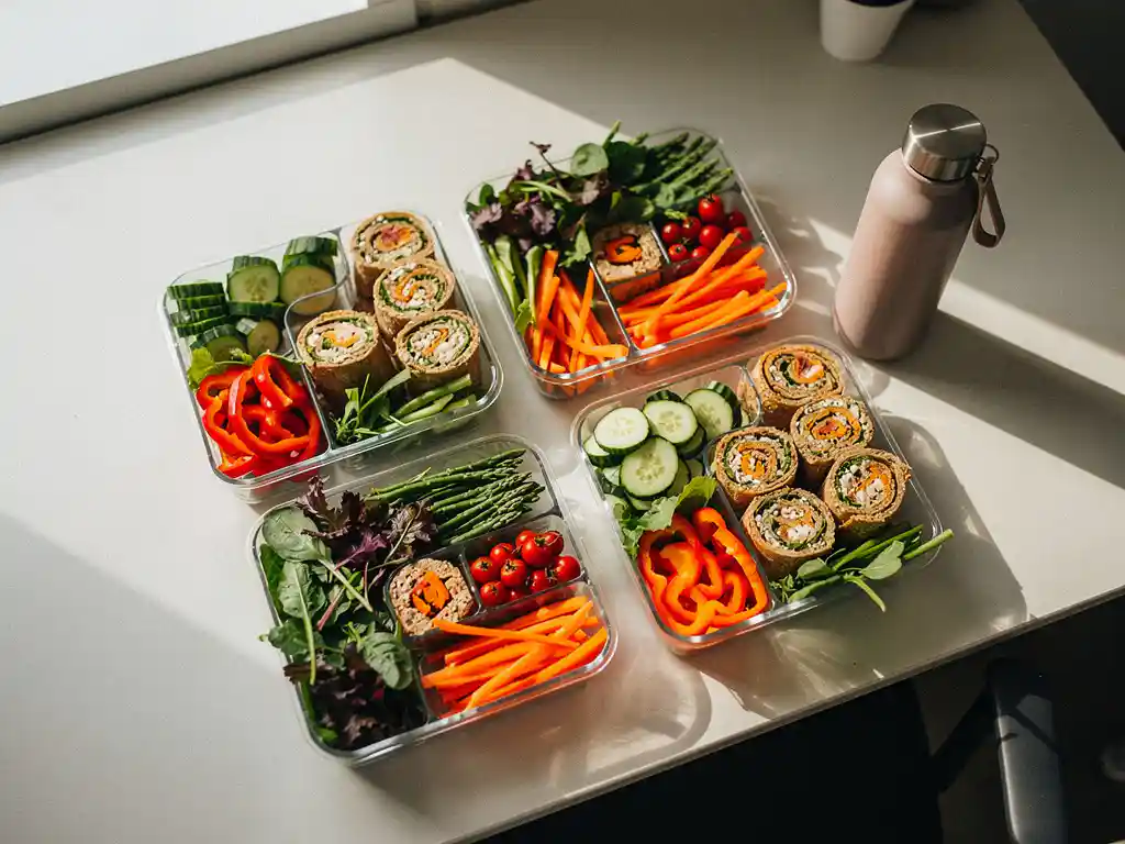 Kleurrijke lunchboxes met verse salade, groenten en volkoren wraps op een kantoorbureau, verlicht door natuurlijk daglicht.
