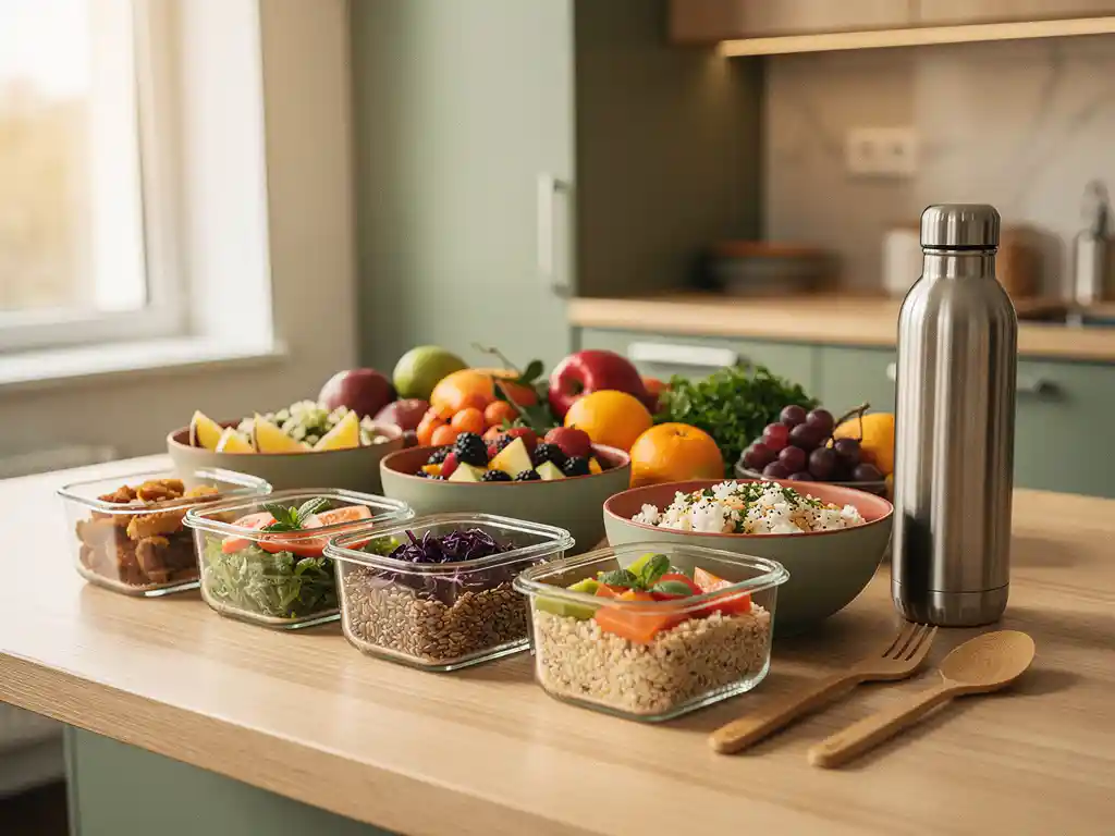 Verse seizoensvruchten, graankommen en glazen meal-prep potjes op een licht eiken keukenblad met bamboe bestek en roestvrijstalen waterfles.