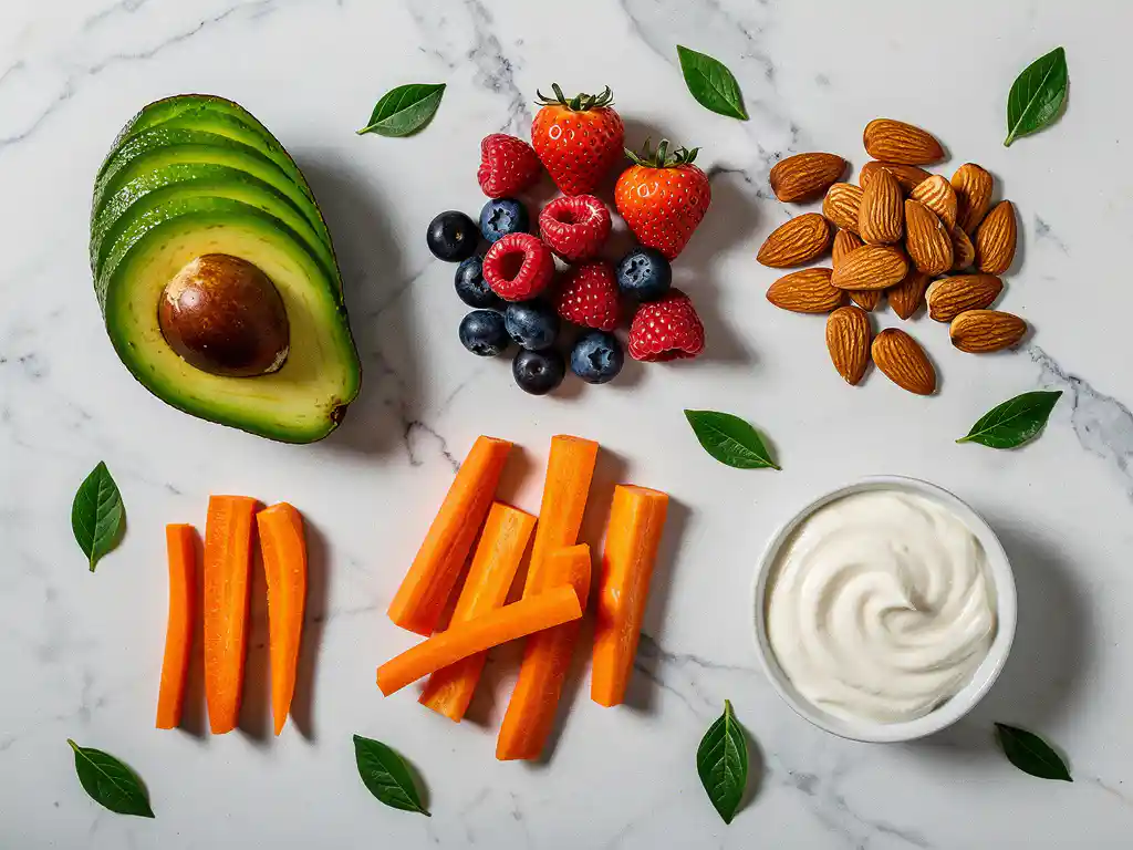Bovenaanzicht van gezonde snacks zoals avocado, bessen, amandelen, wortels en Griekse yoghurt op wit marmer.