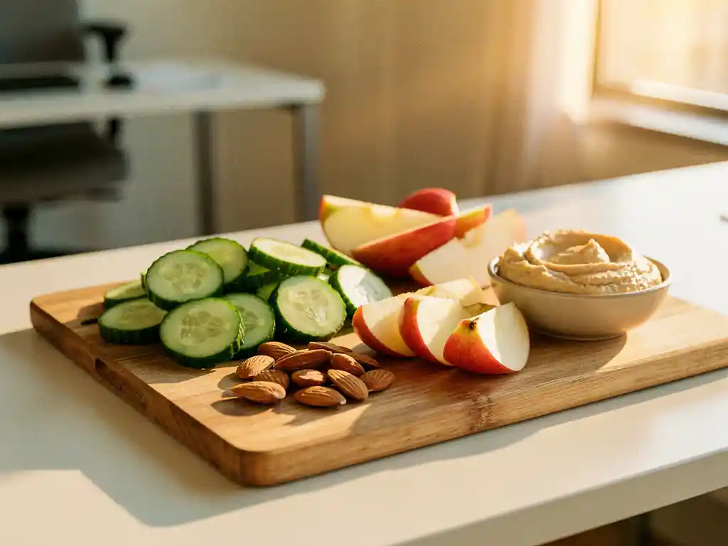 Houten snijplank met komkommerschijfjes, appelpartjes, amandelen en hummus op een zonnig bureau.