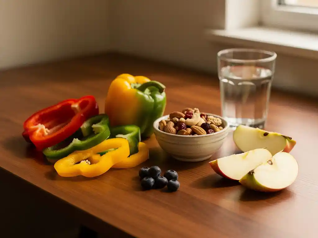 Houten bureau met gezonde snacks: gekleurde paprikareepjes, gemengde noten, appelpartjes, bosbessen en een glas water in warm natuurlijk licht.