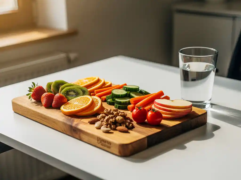 Houten snackboard met gesneden fruit, gemengde noten en verse groenten op een modern bureau, warm natuurlijk licht.