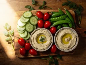 Rustieke houten plank met komkommerschijfjes, cherrytomaten, sugarsnaps, hummus en verse kruiden in natuurlijk zijlicht.