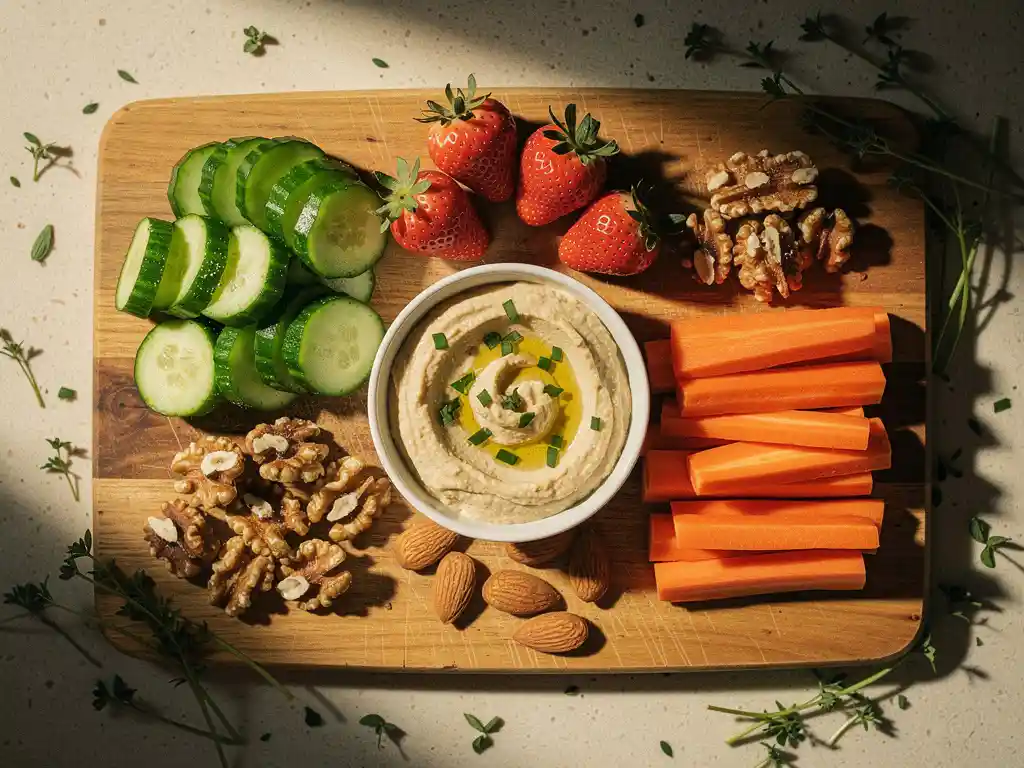 Houten snijplank met komkommer, aardbeien, wortels, amandelen en hummus, bovenaanzicht in natuurlijk licht.