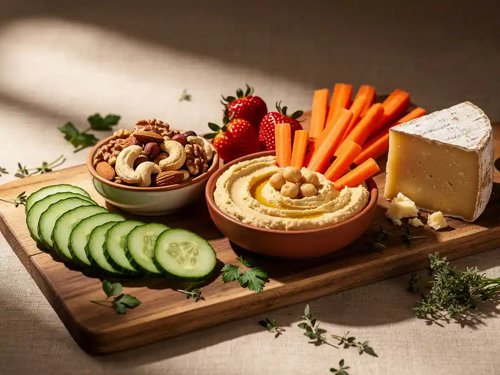 Rustiek houten plank met gezonde snacks: komkommer, gemengde noten, aardbeien, hummus met wortelsticks en kaas, versierd met verse kruiden.