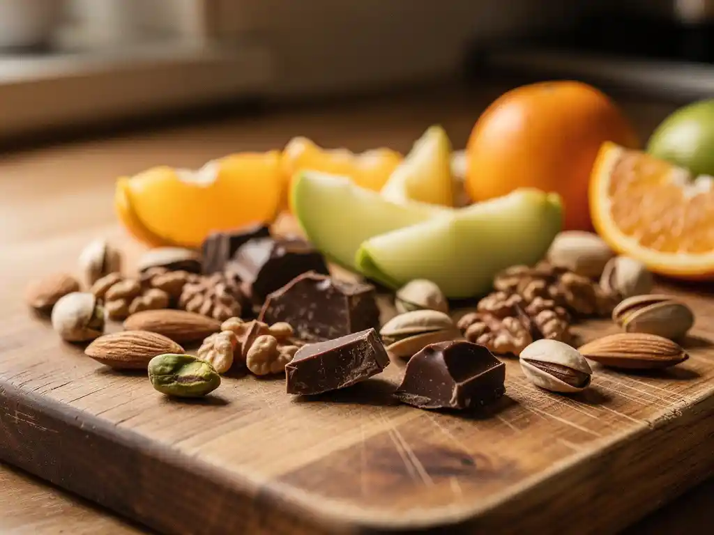 Gemengde snacks van noten, pure chocoladestukjes en fruitschijfjes op een versleten houten snijplank in warm keukenlicht.