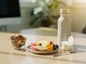 Gezonde werkpleksnacks met gesneden fruit, gemengde noten en yoghurt op een licht houten bureau, met een herbruikbare waterfles in warm middaglicht.