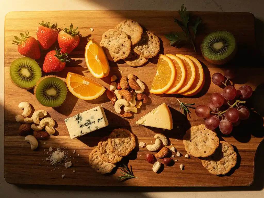 Houten snijplank met kleurrijke hapjes: gesneden fruit, gemengde noten, crackers en kaaspartjes in warm goudkleurig licht.