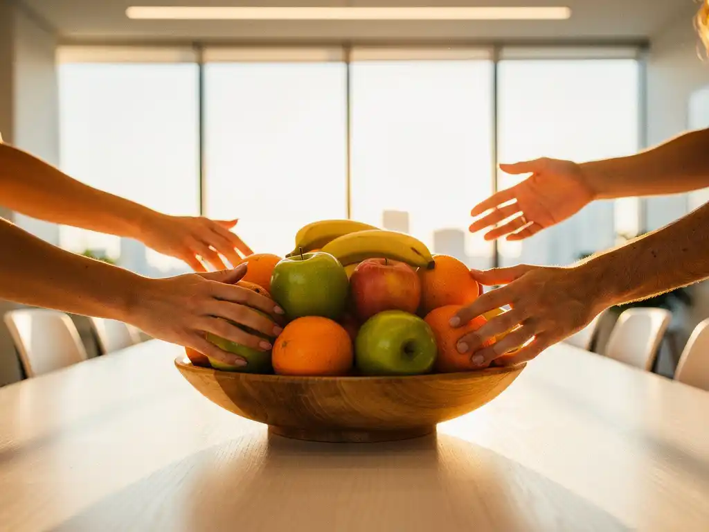 Houten fruitschaal vol appels, sinaasappels en bananen op een kantinетаfel, collega's pakken fruit in warm middaglicht.